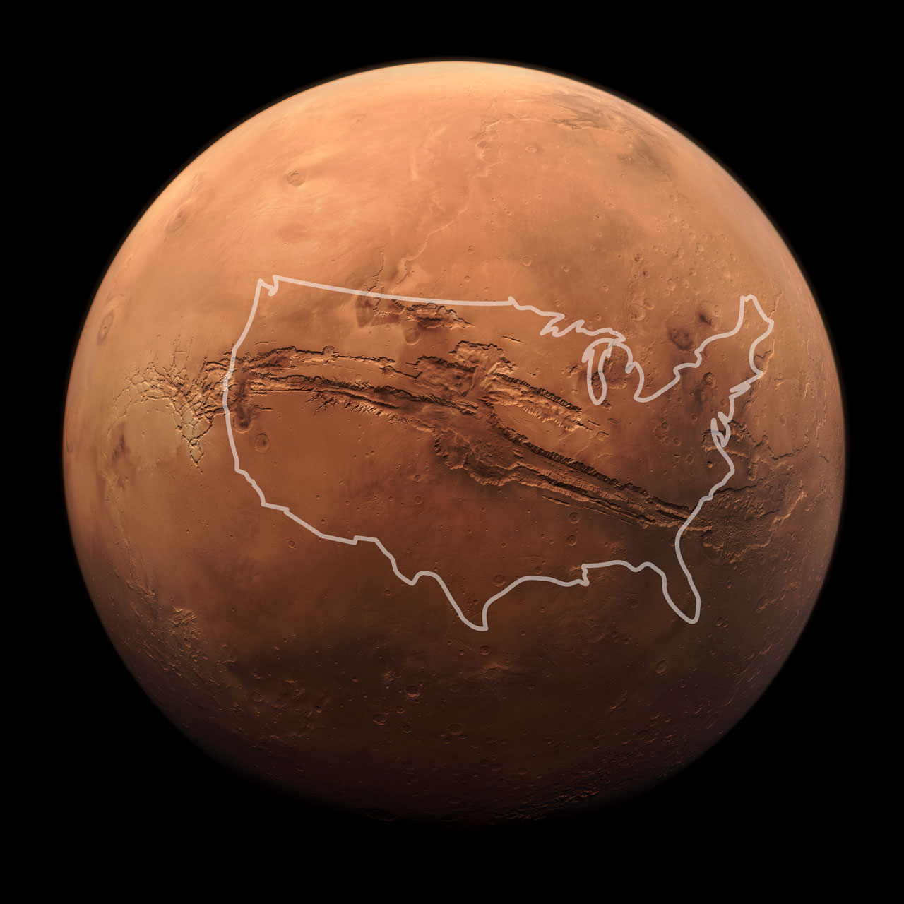 Overlay of United States borders on composite image of Mars's Valles Marineris. The canyon is longer than the U.S. is wide.